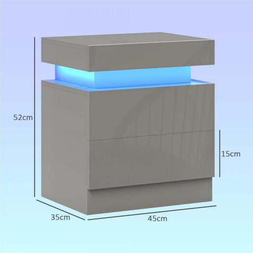 Mesilla de Noche con Luces LED 2 Cajones y Control de APP Mesa de Noche para Dormitorio Salón 45x35x52 cm Gris [1]