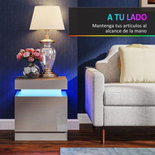 Mesilla de Noche con Luces LED 2 Cajones y Control de APP Mesa de Noche para Dormitorio Salón 45x35x52 cm Gris [2]