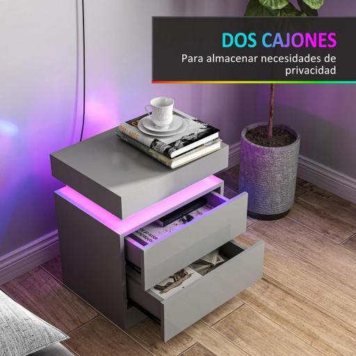 Mesilla de Noche con Luces LED 2 Cajones y Control de APP Mesa de Noche para Dormitorio Salón 45x35x52 cm Gris [3]