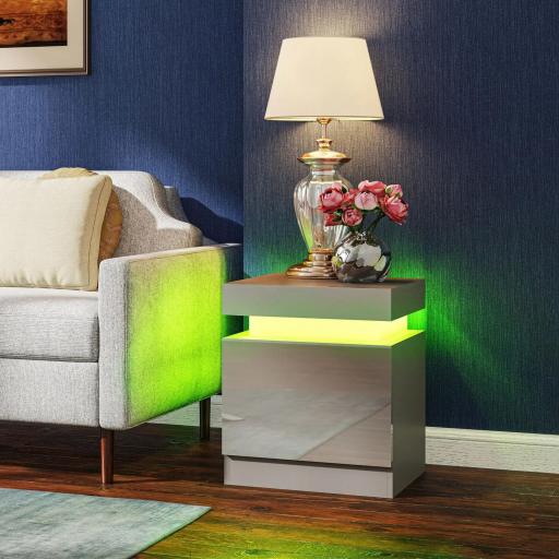 Mesilla de Noche con Luces LED 2 Cajones y Control de APP Mesa de Noche para Dormitorio Salón 45x35x52 cm Gris [7]