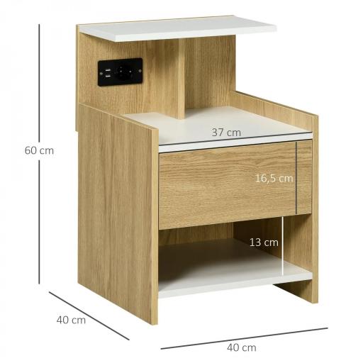 Mesilla de Noche con Puertos USB Toma de Corriente Cajón y Estantes Mesa de Noche 40x40x60 cm Natural [5]