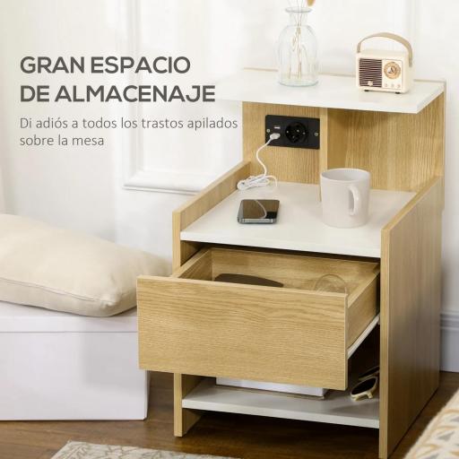 Mesilla de Noche con Puertos USB Toma de Corriente Cajón y Estantes Mesa de Noche 40x40x60 cm Natural [7]