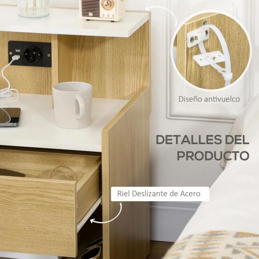 Mesilla de Noche con Puertos USB Toma de Corriente Cajón y Estantes Mesa de Noche 40x40x60 cm Natural [2]