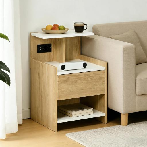 Mesilla de Noche con Puertos USB Toma de Corriente Cajón y Estantes Mesa de Noche 40x40x60 cm Natural [3]