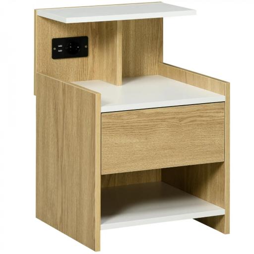 Mesilla de Noche con Puertos USB Toma de Corriente Cajón y Estantes Mesa de Noche 40x40x60 cm Natural [9]