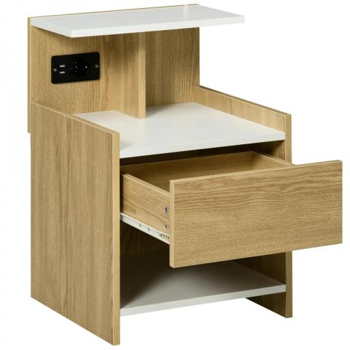 Mesilla de Noche con Puertos USB Toma de Corriente Cajón y Estantes Mesa de Noche 40x40x60 cm Natural [8]