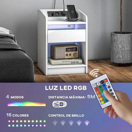 Mesilla de Noche con Luces LED Cajón Estante Estación de Carga Puertos USB y Control Remoto 40x40x58 cm Blanco [9]