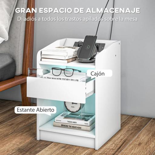 Mesilla de Noche con Luces LED Cajón Estante Estación de Carga Puertos USB y Control Remoto 40x40x58 cm Blanco [1]