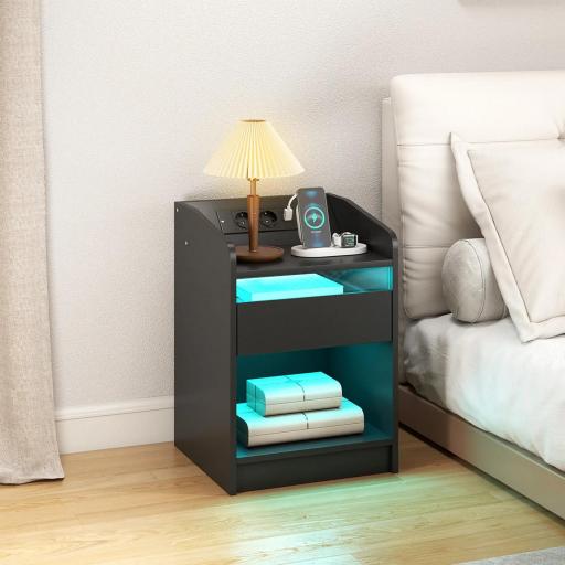 Mesita de Noche con Estación de Carga Luz LED RGB Cajón Estante Abierto Puertos USB y Control Remoto 40x40x58 Cm Negro