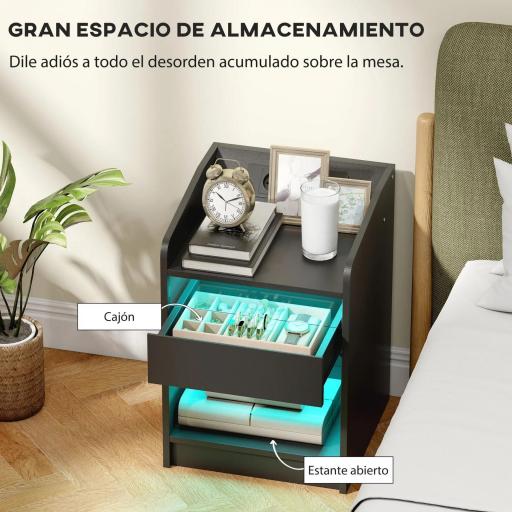 Mesita de Noche con Estación de Carga Luz LED RGB Cajón Estante Abierto Puertos USB y Control Remoto 40x40x58 Cm Negro [4]