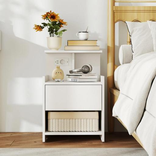 Mesita de Noche con Estación de Carga Puertos USB Cajón y Estantes Mesilla de Noche Dormitorio 40x40x60 cm Blanco [5]