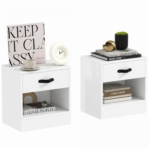 Pack de 2 Mesitas de Noche con Cajón y Compartimento Abierto para Salón 39x28x41 cm Blanco [8]