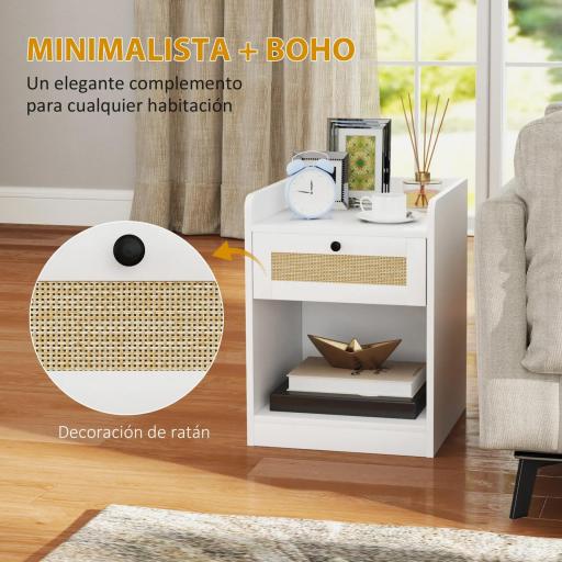 Juego de 2 Mesillas de Noche para Dormitorio con Cajón con Frontal de Ratán 40x40x53 cm Blanco [2]
