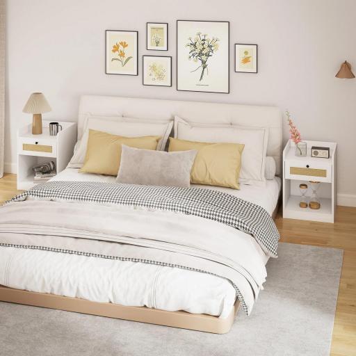 Juego de 2 Mesillas de Noche para Dormitorio con Cajón con Frontal de Ratán 40x40x53 cm Blanco [7]