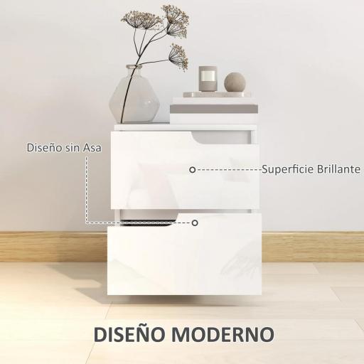 Mesita de Noche Moderna Mesilla de Noche con Cajones con Frontal Blanco Brillante y Almohadilla 40x40x48 cm Blanco [3]