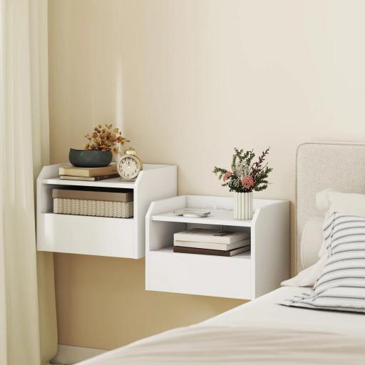 Juego de 2 Mesitas de Noche Flotantes con Estación de Carga Cajón Estante Abierto 40x29x29 cm Blanco [0]