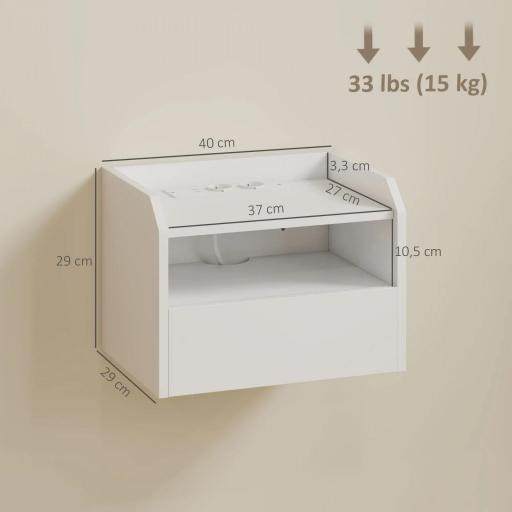 Juego de 2 Mesitas de Noche Flotantes con Estación de Carga Cajón Estante Abierto 40x29x29 cm Blanco [1]