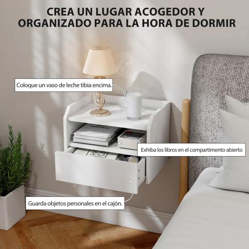 Juego de 2 Mesitas de Noche Flotantes con Estación de Carga Cajón Estante Abierto 40x29x29 cm Blanco [6]