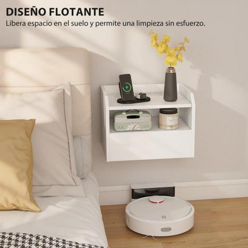 Juego de 2 Mesitas de Noche Flotantes con Estación de Carga Cajón Estante Abierto 40x29x29 cm Blanco [2]