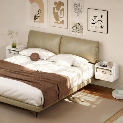 Juego de 2 Mesitas de Noche Flotantes con Estación de Carga Cajón Estante Abierto 40x29x29 cm Blanco [4]