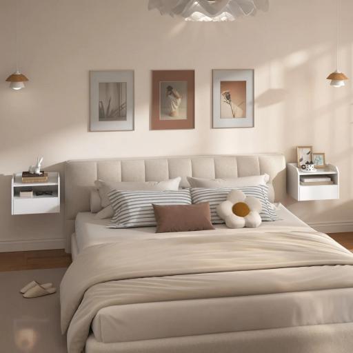 Juego de 2 Mesitas de Noche Flotantes con Estación de Carga Cajón Estante Abierto 40x29x29 cm Blanco [5]