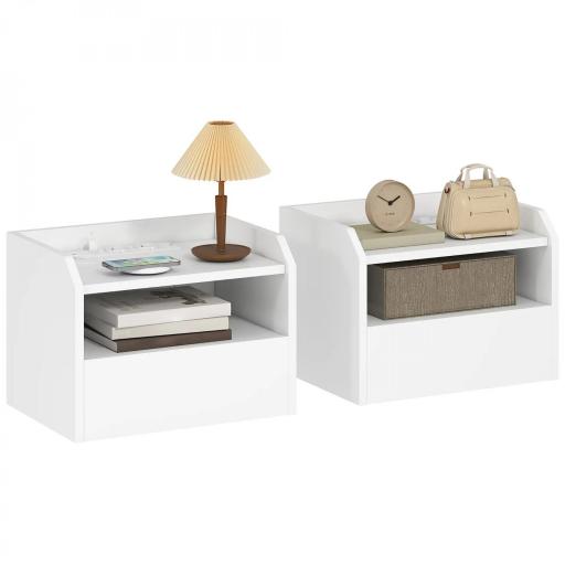 Juego de 2 Mesitas de Noche Flotantes con Estación de Carga Cajón Estante Abierto 40x29x29 cm Blanco [8]