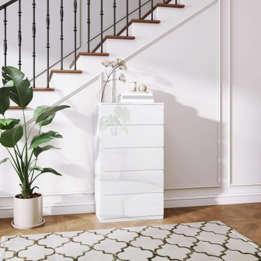 Cómoda con 5 Cajones Diseño Anti-vuelco Cajonera para Salón Pasillo 55x33x100 cm Blanco Brillante
