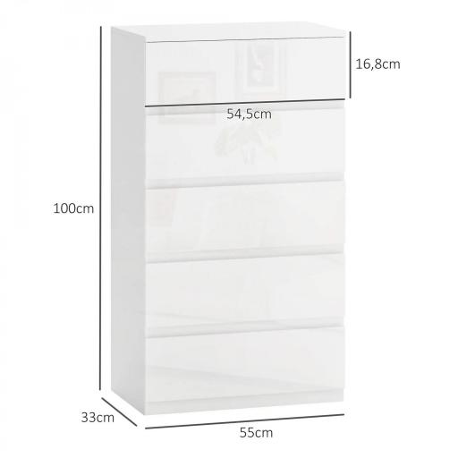 Cómoda con 5 Cajones Diseño Anti-vuelco Cajonera para Salón Pasillo 55x33x100 cm Blanco Brillante [1]