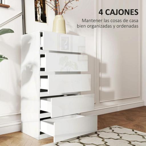 Cómoda con 5 Cajones Diseño Anti-vuelco Cajonera para Salón Pasillo 55x33x100 cm Blanco Brillante [4]