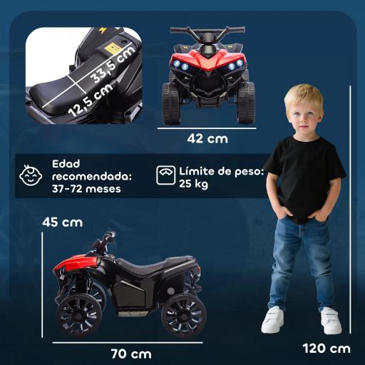 Quad Eléctrico para Niños 6 V Quad para Niños de 37 a 72 Meses Velocidad hasta 3 km/h Faros y Música 70x42x45 cm Rojo [5]