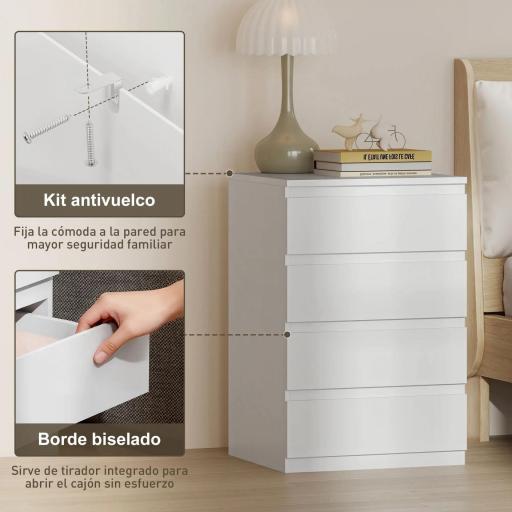 Cómoda 4 Cajones con Cierre Suave Cajonera para Salón Oficina Estilo Moderno 45x40x68 cm Blanco [4]