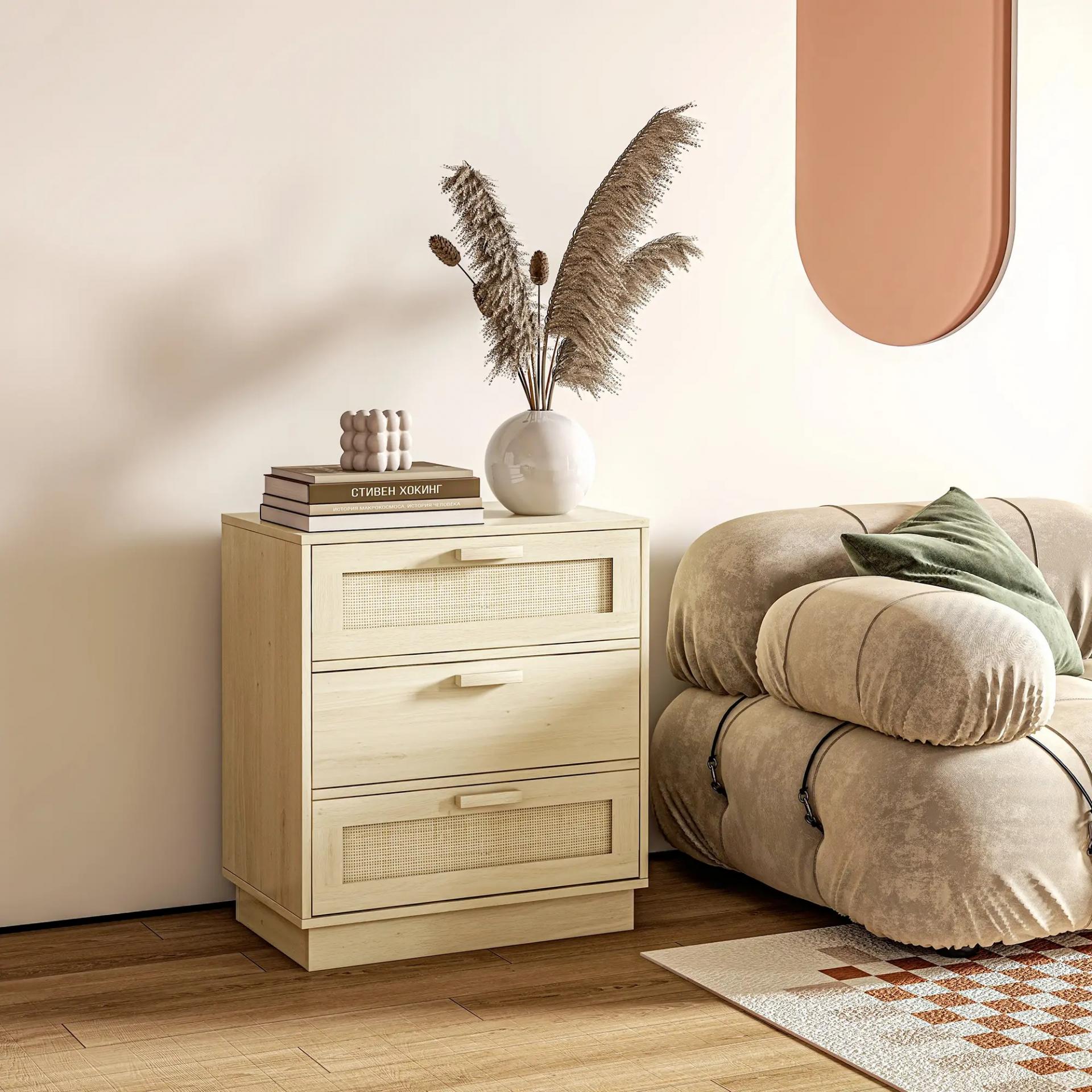 Cómoda con 3 Cajones de Rejilla de Ratán Cajonera de Madera para Dormitorio Estilo Cannage Bohemio 60x38x69 cm Natural