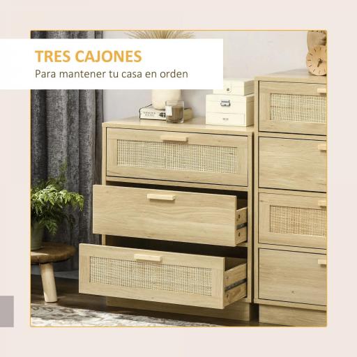 Cómoda con 3 Cajones de Rejilla de Ratán Cajonera de Madera para Dormitorio Estilo Cannage Bohemio 60x38x69 cm Natural [5]