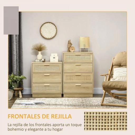 Cómoda con 3 Cajones de Rejilla de Ratán Cajonera de Madera para Dormitorio Estilo Cannage Bohemio 60x38x69 cm Natural [8]