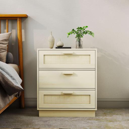 Cómoda con 3 Cajones de Rejilla de Ratán Cajonera de Madera para Dormitorio Estilo Cannage Bohemio 60x38x69 cm Natural [9]
