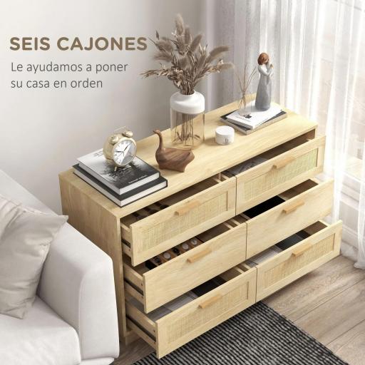 Cómoda de Madera con 6 Cajones de Rejilla de Ratán Estilo Bohemio Mueble Cajonera para Salón Oficina 110x40x69 cm Roble [9]