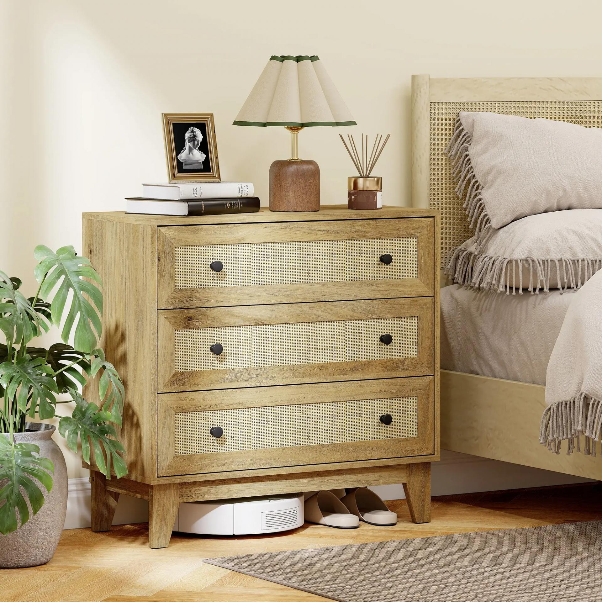 Cómoda con 3 Cajones Cajonera de Madera con Frontales de Ratán Estilo Cannage para Dormitorio 80x35x76 cm Natural