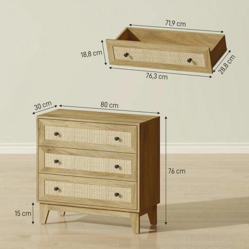 Cómoda con 3 Cajones Cajonera de Madera con Frontales de Ratán Estilo Cannage para Dormitorio 80x35x76 cm Natural [1]