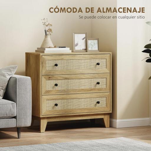 Cómoda con 3 Cajones Cajonera de Madera con Frontales de Ratán Estilo Cannage para Dormitorio 80x35x76 cm Natural [4]