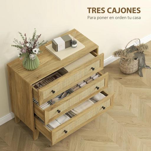 Cómoda con 3 Cajones Cajonera de Madera con Frontales de Ratán Estilo Cannage para Dormitorio 80x35x76 cm Natural [2]