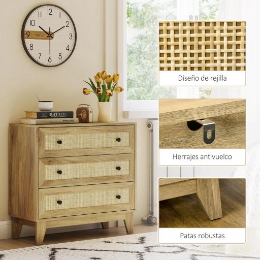 Cómoda con 3 Cajones Cajonera de Madera con Frontales de Ratán Estilo Cannage para Dormitorio 80x35x76 cm Natural [7]