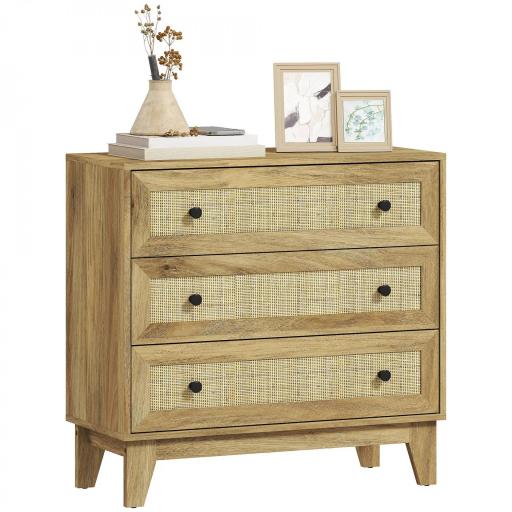 Cómoda con 3 Cajones Cajonera de Madera con Frontales de Ratán Estilo Cannage para Dormitorio 80x35x76 cm Natural [9]