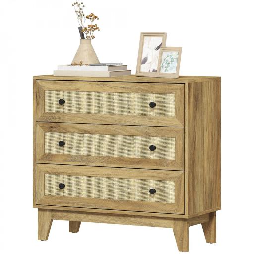 Cómoda con 3 Cajones Cajonera de Madera con Frontales de Ratán Estilo Cannage para Dormitorio 80x35x76 cm Natural [10]