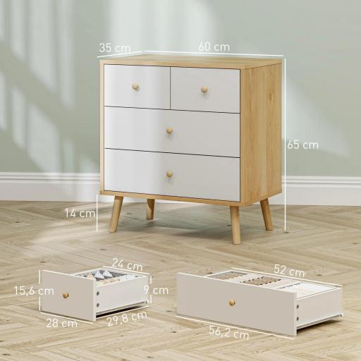 Cómoda de 4 Cajones con Acabado Elegante y Gran Capacidad de Almacenaje 60x35x65 cm Roble y Blanco [5]