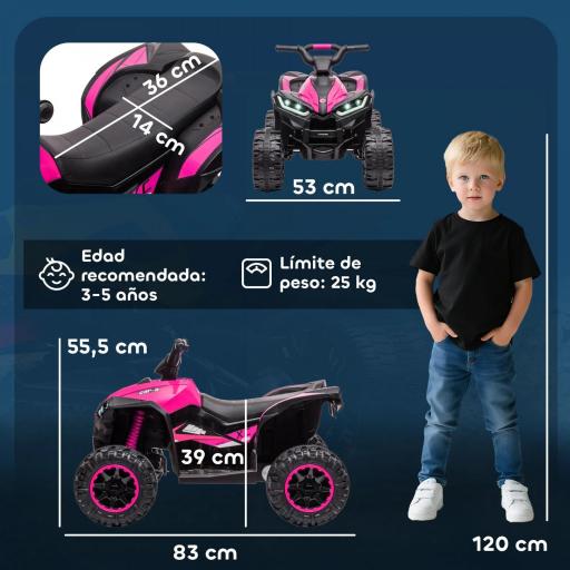Quad Eléctrico para Niños de 3-5 Años Vehículo Eléctrico a Batería 12V con 2 Motores 83x53x55,5 cm Rosa [3]
