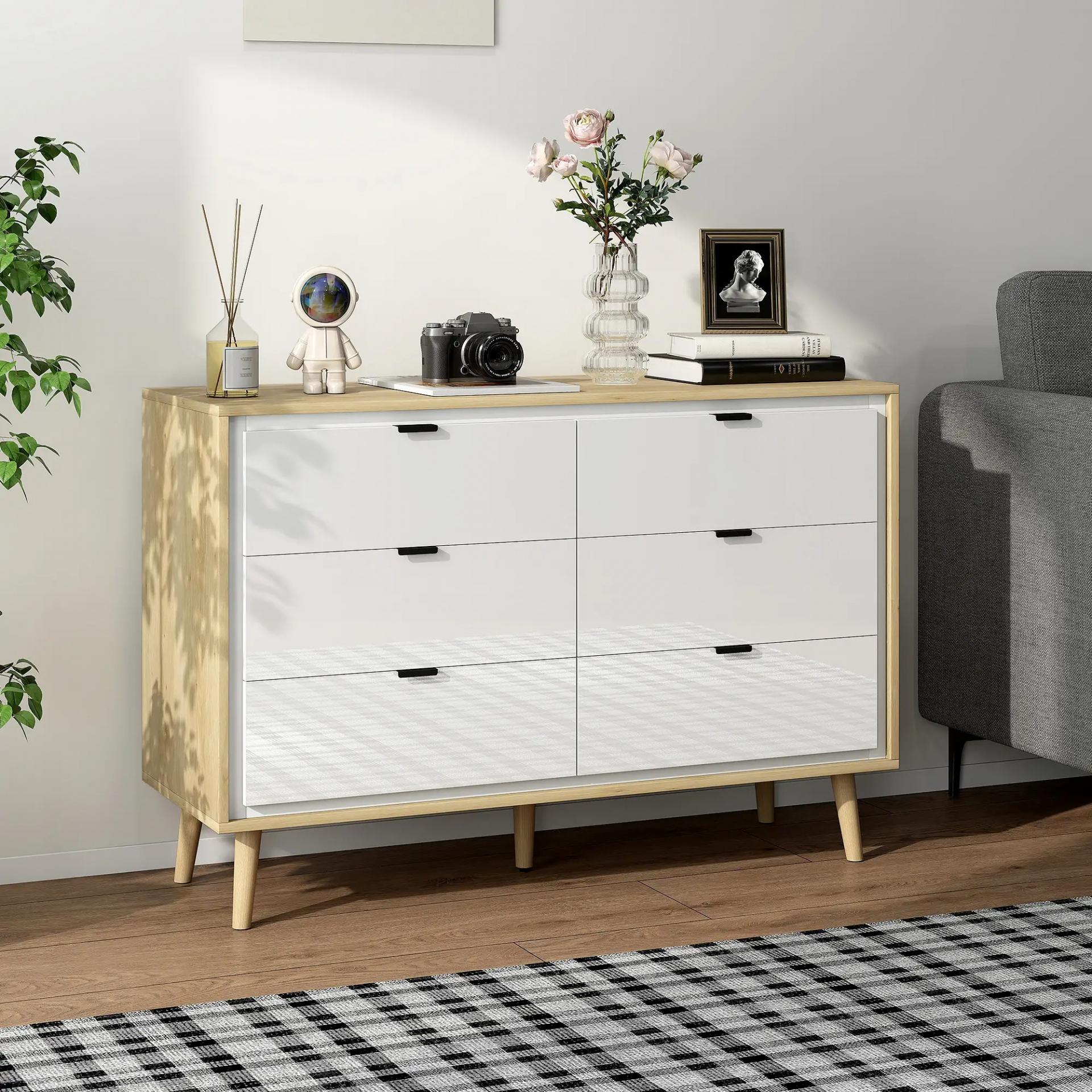 Cómoda 6 Cajones Cómoda Dormitorio con Patas de Madera Estilo Moderno 110x40x75 cm Blanco Brillo y Roble