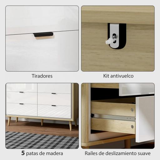 Cómoda 6 Cajones Cómoda Dormitorio con Patas de Madera Estilo Moderno 110x40x75 cm Blanco Brillo y Roble [4]