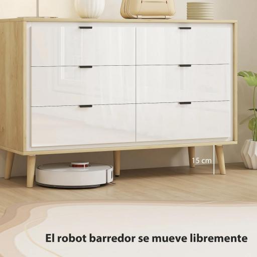 Cómoda 6 Cajones Cómoda Dormitorio con Patas de Madera Estilo Moderno 110x40x75 cm Blanco Brillo y Roble [9]
