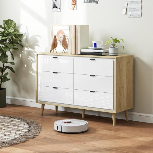 Cómoda 6 Cajones Cómoda Dormitorio con Patas de Madera Estilo Moderno 110x40x75 cm Blanco Brillo y Roble [8]