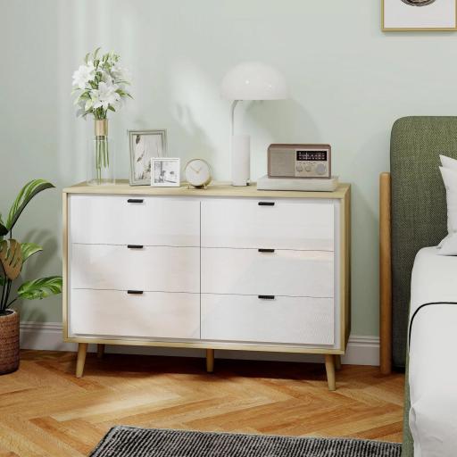 Cómoda 6 Cajones Cómoda Dormitorio con Patas de Madera Estilo Moderno 110x40x75 cm Blanco Brillo y Roble [7]